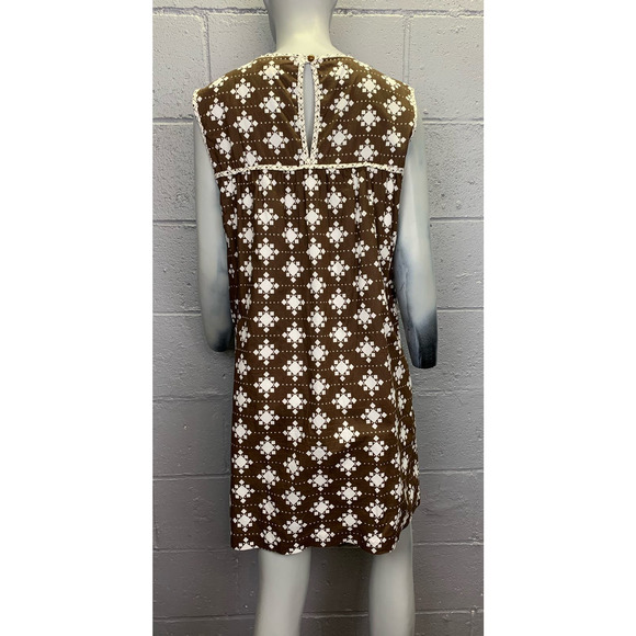 Vtg 70s Milly of New York Brown White Geometric Mini Dress Keyhole Back Bow SM - Picture 8 of 10